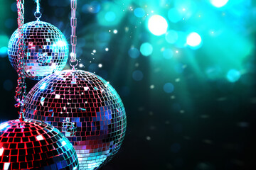 Poster - Shiny disco balls on dark cyan background with blurred lights, space for text. Bokeh effect