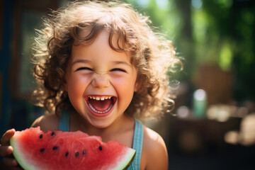 Poster - A child joyfully biting into a juicy watermelon slice on a hot summer day, capturing the essence of refreshing and hydrating fruits. Generative Ai.