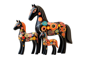  12 animal designations PNG: a figurine of a lovely horse family, Very cute with colorful designs, Chinese traditional folk mud dog art style, in the style of woodcarvings