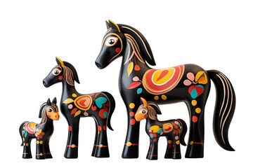  12 animal designations PNG: a figurine of a lovely horse family, Very cute with colorful designs, Chinese traditional folk mud dog art style, in the style of woodcarvings