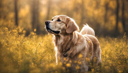 Labrador Retriever dog looking at the horizon in a landscape of flowers and grass