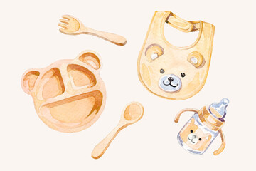 Watercolor baby feeding equipment elements collection