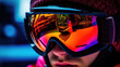Close-up of snowboarder's goggles snowy reflection