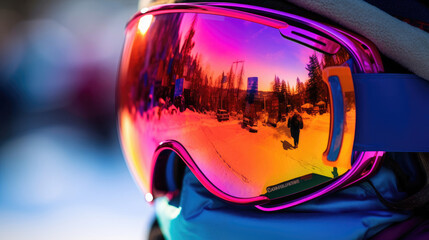 Wall Mural - Snowboarder's goggles reflecting snowy landscape