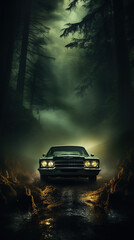 Wall Mural - The Car Is Driving Under Trees In The Forest on Blurry Background