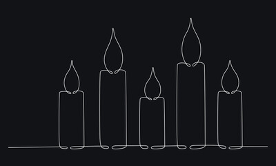 Wall Mural - Christmas candle with burning flame. One continuous single line hand drawing art. Vector stock illustration isolated on black background for design template greeting card, invitation. Editable stroke