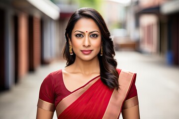 Wall Mural - A happy and confident adult Indian woman in a saree with a bindi, against an urban background.