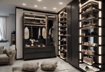 Modern wooden wardrobe with clothes hanging on rail in walk in closet design interior 3d illustration
