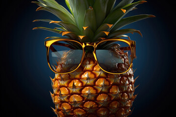 Wall Mural - Ripe organic pineapple with sunglasses in the blue background