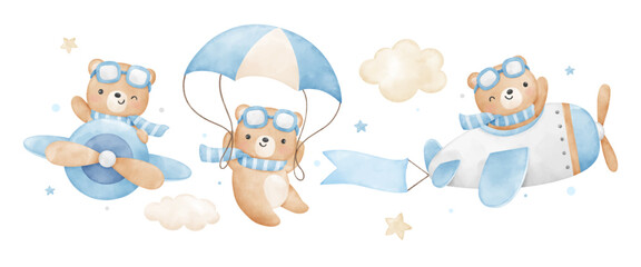 watercolor baby bear flying adventure nursery kids birthday party