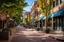 Downtown Boulder, Colorado. Scenic View Of Pearl Street Mall - A Pedestrian Area In The Heart Of The City's Business District