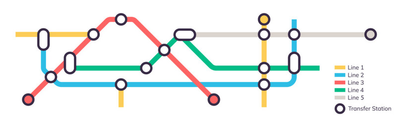 Scheme of metro stations and plan of subway with colorful lines, fictional metro map of underground, layout of public passenger transport routes, subway train tracks plan flat vector illustration.