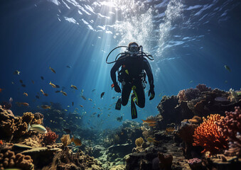 Wall Mural - Diver exploring reef and underwater wildlife in ocean on vacation.Macro.AI Generative.