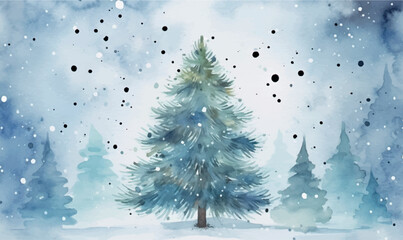 Wall Mural - watercolor christmas tree with snow, background for design