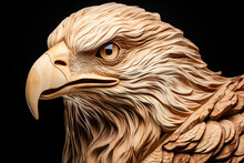 Wood Carving Of An Eagle Isolated On A Black Background.
