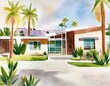 Watercolor of Palm Springs home with midcentury modern 