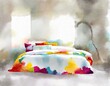 Watercolor of bed with white linens and colorful throw pillows