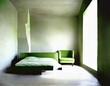 Watercolor of Modern loft bedroom with a green armchair by a concrete Rendered in 