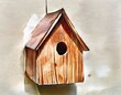 Watercolor of of wooden birdhouse construction materials