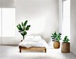 Watercolor of white bedroom with single wooden stool and plant pot