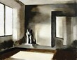 Watercolor of View of dim living room featuring a vacant 