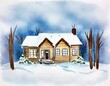Watercolor of a small house in the snow