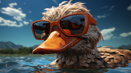 Cool duck summer. Cute little duckling swimming. generative ai