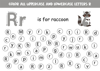 Wall Mural - Find and dot all letters R. Educational worksheet for learning alphabet. Cute raccoon.