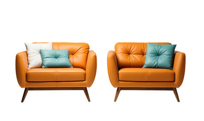 Wall Mural - Two matching orange leather sofas with contrasting teal cushions. Transparent picture.