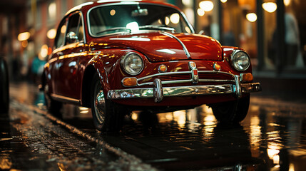 Wall Mural - Cute Retro Car Sits A Metro City Street With Lights Blurry Background