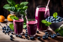 Blueberry Smoothies And Juice Are Nutritious Drinks That Taste Great. Drink The Morning Episode In A Glass On White Wood.