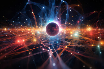 Wall Mural - an artistic image visualizing a quantum entanglement experiment, depicting particles interconnected 