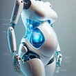 An android or human-machine hybrid adapted to have offspring. A humanoid robot expecting a baby. Motherhood of the future, technology development