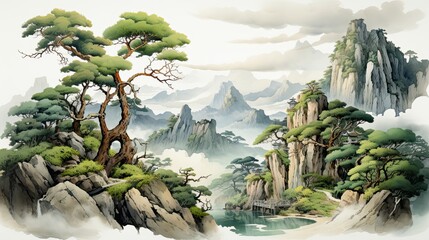 Wall Mural - Watercolors of fantastic landscapes of mountains in the tropical jungle.