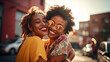 Two happy beautiful young African American women in love hugging on a summer city street