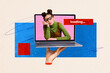Horizontal surreal photo collage of hand hold computer laptop with bored sad young girl woman waiting loading to end on drawing background