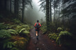 A trail runner demonstrates endurance and agility while navigating a rugged forest path, embracing nature's obstacle course as a fitness challenge




