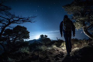 Sticker -  Hikers embark on a night hike under a starry sky, guided by moonlight, encountering nocturnal wildlife and celestial beauty in a peaceful night.
