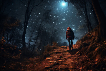 Wall Mural -  A night hike under a full moon, where hikers experience a unique nocturnal ambiance along a moonlit path, surrounded by stars and shadows.
