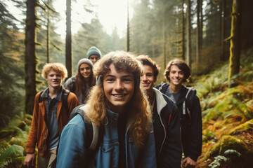  A group of teenagers embarks on a forest adventure hike, engaging in team-building activities and exploring nature with youthful energy.
