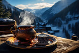 Fototapeta  - Hot tea high in the mountains. Harmony with nature. Generated by artificial intelligence