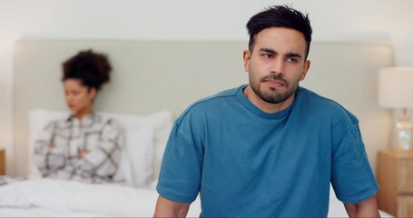 Canvas Print - Man, conflict and fight of couple in bedroom for mistake, breakup and emotional drama at home. Crisis, divorce and frustrated indian guy ignore partner for cheating, affair and thinking of jealousy