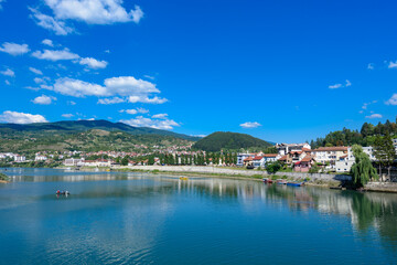 Wall Mural - Visegrad, Republic of Srpska, Bosnia and Herzegovina - August 13, 2023: View of the city of Visegrad in Bosnia and Herzegovina and the Drina River 