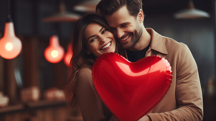 Couple in love holding big red heart and smiling. 