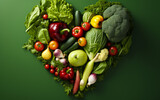 Fototapeta Kuchnia - Heart-Shaped Assortment of Fresh Vegetables with Lettuce, Broccoli, Peppers, and Tomatoes on a Green Background Symbolizing Healthy Eating and Love for Vegetarian Food