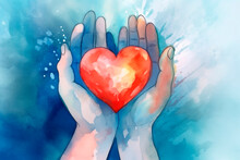 Generative Ai Illustration Of Watercolor Paint Of A Hands Hold A Red Heart On A Blue Background