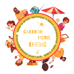 Sticker - Cartoon picnic round frame background with people enjoying holidays