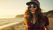 A stylish hipster young woman in chic beachwear and a swag cap, radiating confidence and embodying carefree beach vibes with her unique style.