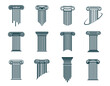Ancient Greek columns and pillars icons, legal attorney and law office, vector symbols. Column pillar signs for lawyer notary, justice court and legislation firm or notarial and judicial education