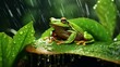 Tree Frog in Rainy Jungle: Raindrop Clarity Amid Leafy Green